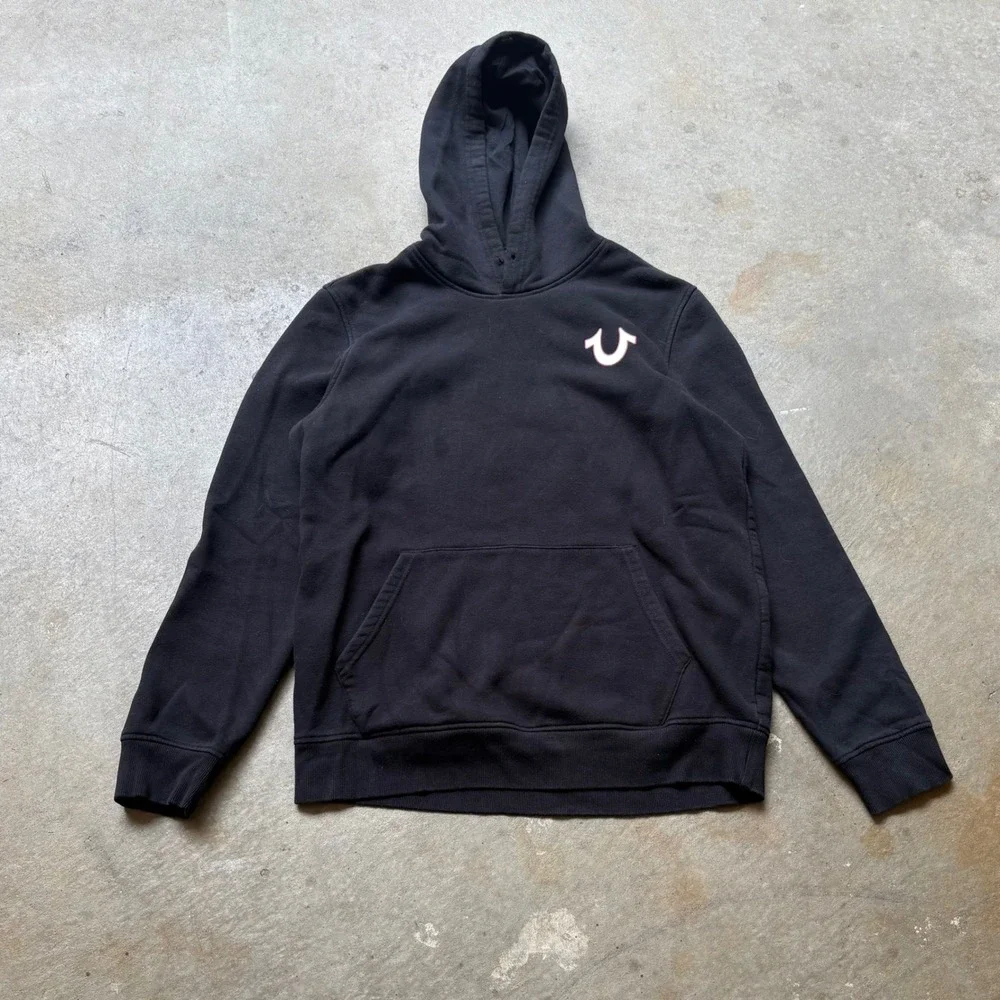 True Religion Mens Black Buddha Guitar Graphic Pullover Hoodie Large L